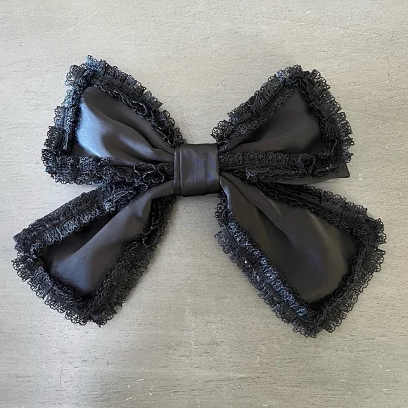 Black Satin Rhinestone Heart Coquette Preppy 8.5" Bow Snap Barrette Hair Clip - Picture 5 of 7